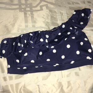 One Shoulder Ruffle Trim Polka Dot Swim Top